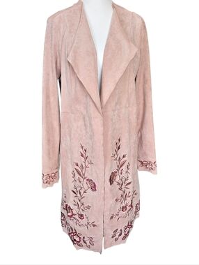Curations Faux Suede Long Floral Embroidered Boho Open Front Jacket Size M